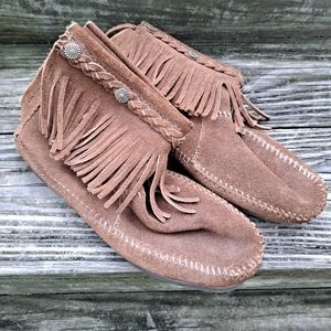 MINNETONKA High Top Back Zip Boot Fringed Brown Suede Ankle Boots size 7